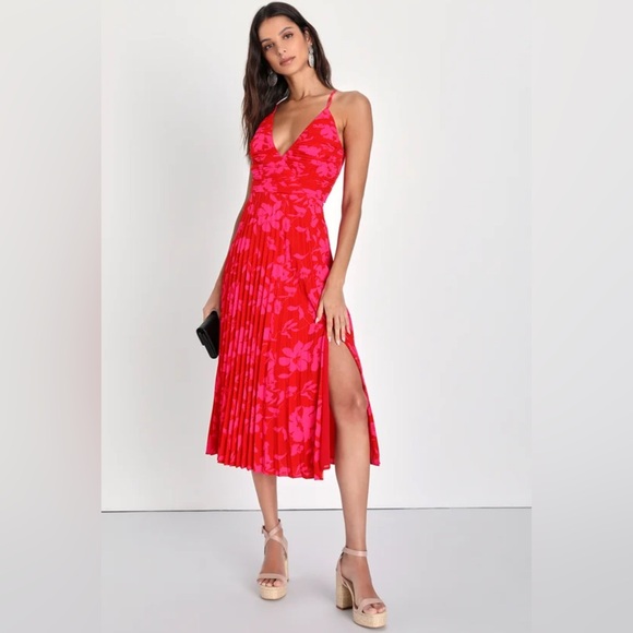 Lulus Dresses & Skirts - Lulus Vibrant Moment Red and Pink Floral Pleated Lace-Up Midi Dress size M